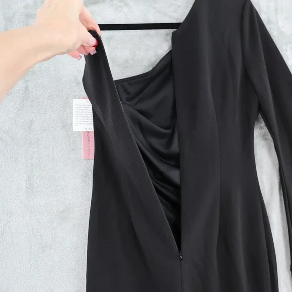 AQUA One Shoulder Fringed Sleeve Sheath Dress Womens 6 Black Formal Holiday NWT - Picture 13 of 16